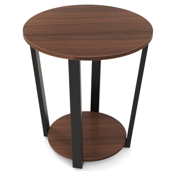 Rundt sidebord med åpen hylle & Metallramme 2-lags Accent Bord Sofa Bord Valnøtt