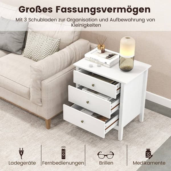 Sengebord med 3 skuffer, sidebord, natbord, natbord, hvid