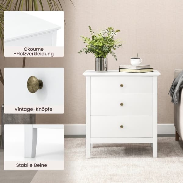 Sengebord med 3 skuffer, sidebord, natbord, natbord, hvid