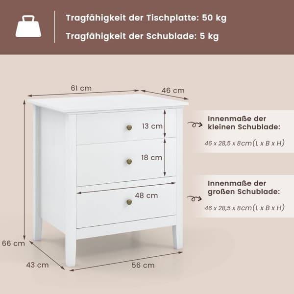 Sengebord med 3 skuffer, sidebord, natbord, natbord, hvid