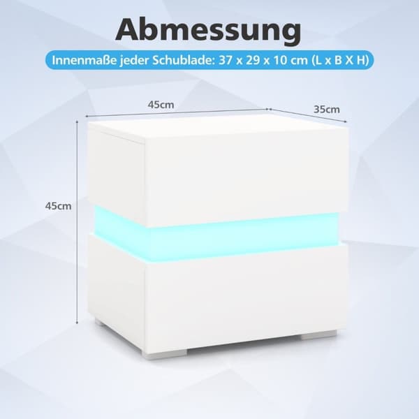 LED nattbord med 2 skuffer & fjernkontroll & dynamisk 45 x 35 x 45 cm hvit