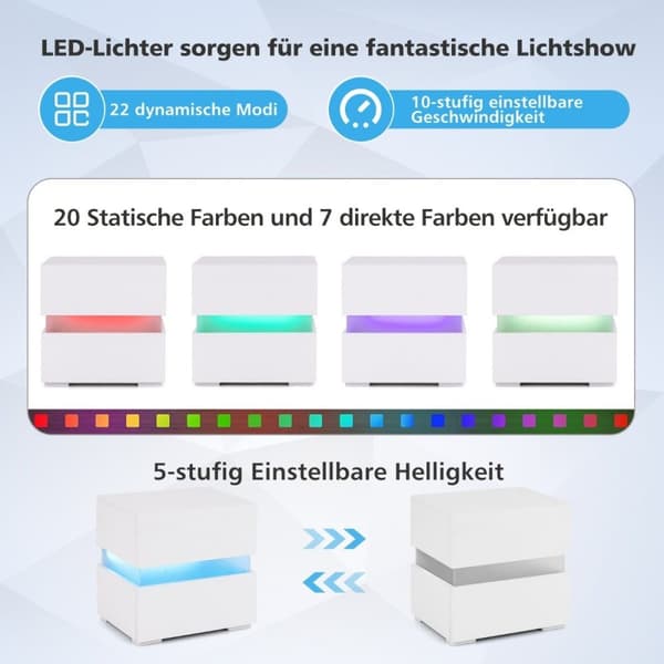 LED nattbord med 2 skuffer & fjernkontroll & dynamisk 45 x 35 x 45 cm hvit