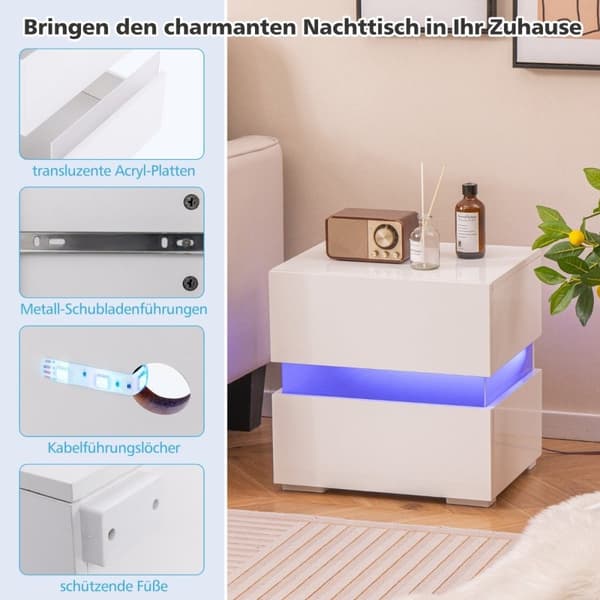 LED nattbord med 2 skuffer & fjernkontroll & dynamisk 45 x 35 x 45 cm hvit