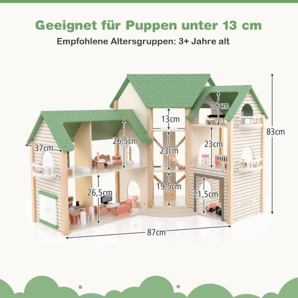 Dukkehus med grønt tak og 36 tilbehørslekesett «Corner Villa» laget av tre DIY drømmehus