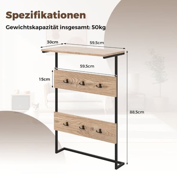 Væg knagerække med hylde & 6 kroge væghylde industriel knagerække bøjlestang
