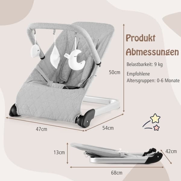 Baby Rocker Foldbar babygynge med 5-punkts sikkerhedssele Bærbart vippesæde gråt