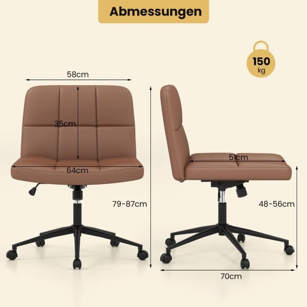 Kontorstol uten armlener Skrivebordsstol med bredt sete 360° roterende kunstskinn til hjemmekontor Brun