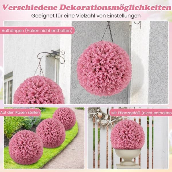 Sæt med 2 buksbomkugler 44 cm kunstig plante eukalyptus buksbomkugle græskugle plantekugle pink