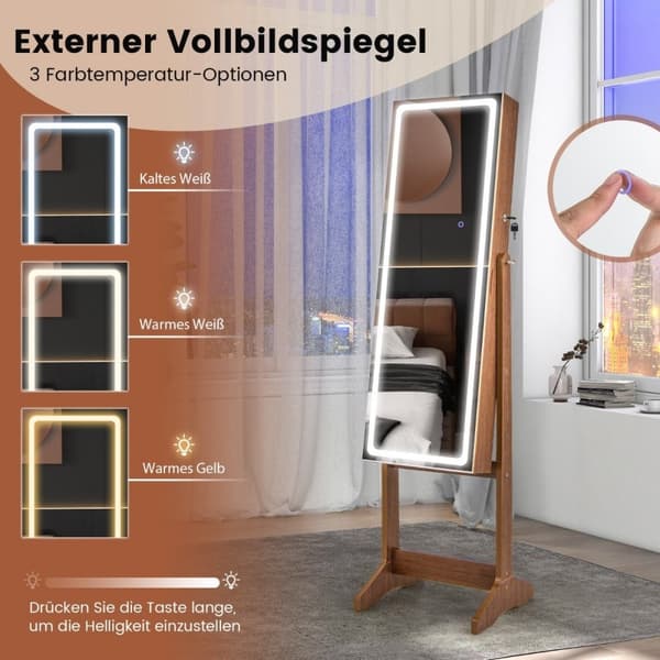 Smyckesskåp med spegel &amp; 3-färgad LED-belysning spegelskåp smyckeshylla brun
