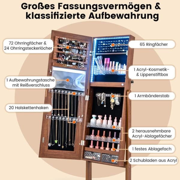 Smyckesskåp med spegel &amp; 3-färgad LED-belysning spegelskåp smyckeshylla brun