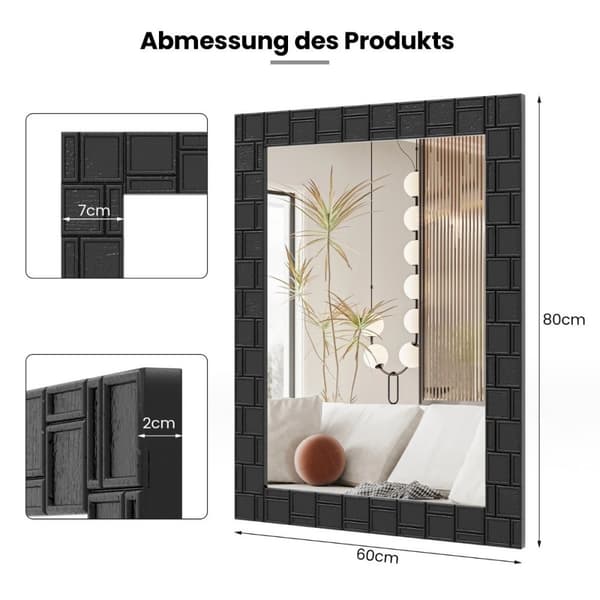 80 x 60 cm veggspeil laget av gummitre med massiv treramme, baderomsspeil, kosmetikkspeil, svart