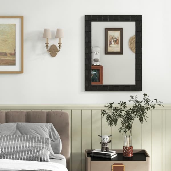 80 x 60 cm veggspeil laget av gummitre med massiv treramme, baderomsspeil, kosmetikkspeil, svart