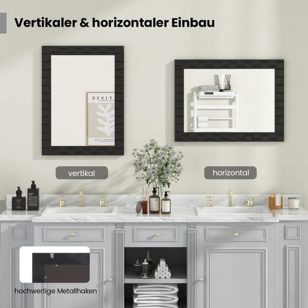 80 x 60 cm veggspeil laget av gummitre med massiv treramme, baderomsspeil, kosmetikkspeil, svart
