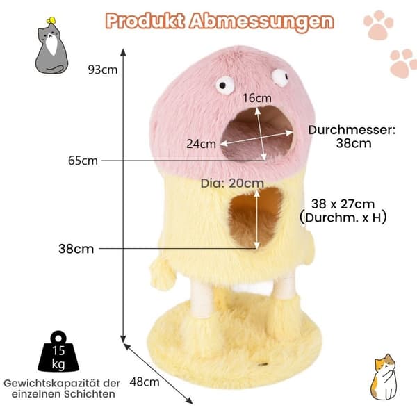 Pieni raapimistolppa 93cm korkea hirviöteemainen kissapuu, jossa 2 kissaluolaa pinkki + keltainen