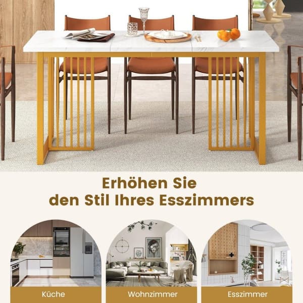 Spisebord i tre 160 x 60 cm rektangulært kjøkkenbord med marmorlook og metallben hvit + gull