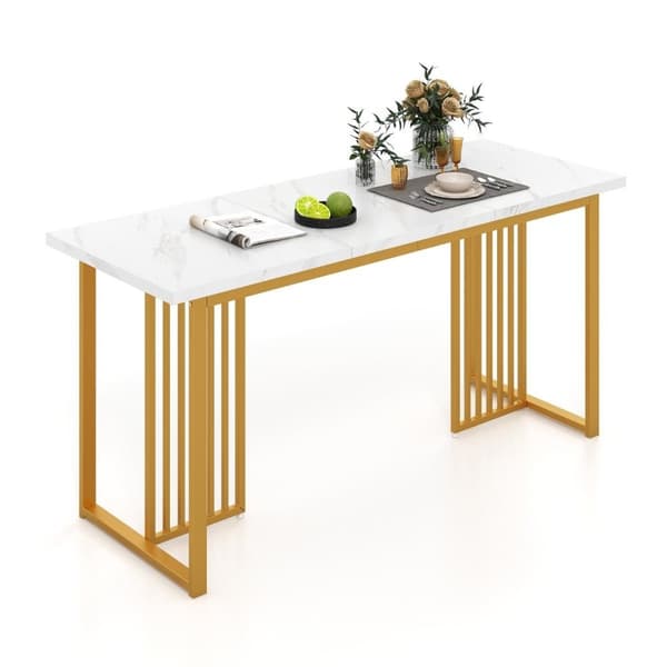 Spisebord i tre 160 x 60 cm rektangulært kjøkkenbord med marmorlook og metallben hvit + gull