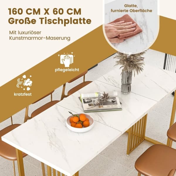 Spisebord i tre 160 x 60 cm rektangulært kjøkkenbord med marmorlook og metallben hvit + gull