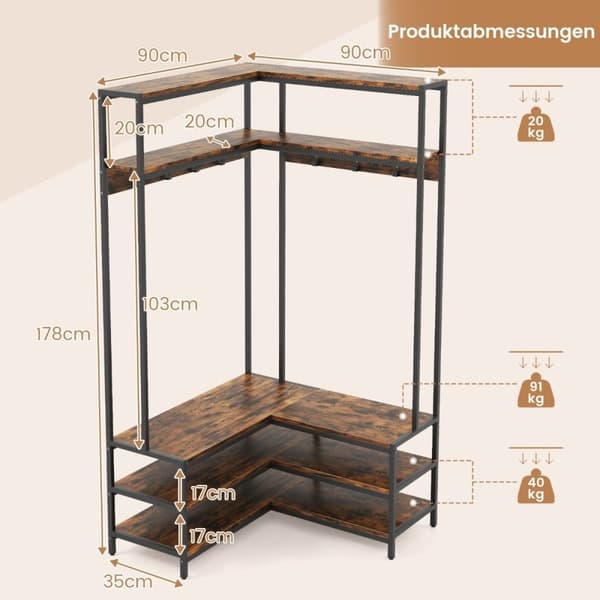 Hjørne knagerække med bænk L-formet tøjstativ med åbne hylder 90 x 90 x 178 cm Rustik brun