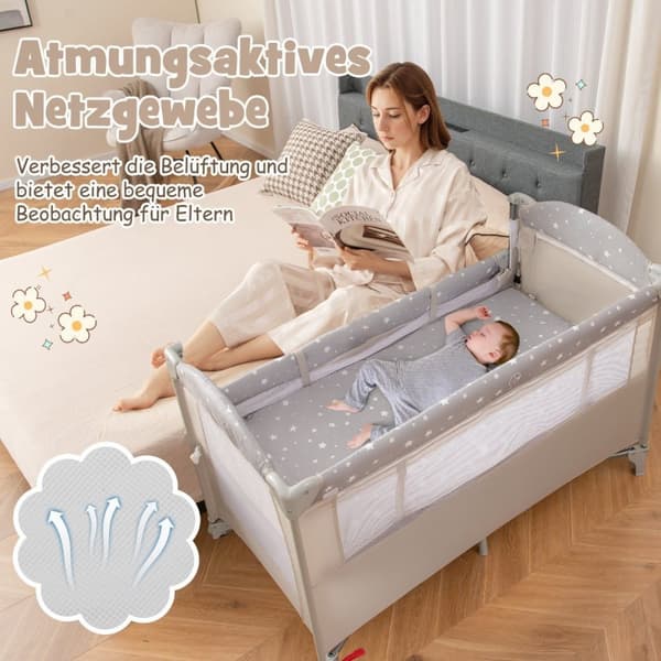 5 in 1 kokoontaitettava sivusänky matkasänky patjalla 2-tasoinen vauvansänky pyöräillä beige