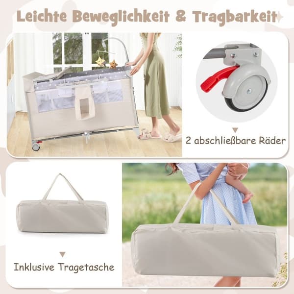5 in 1 kokoontaitettava sivusänky matkasänky patjalla 2-tasoinen vauvansänky pyöräillä beige