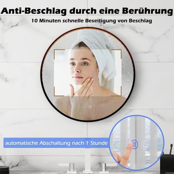 Rund väggspegel med 3 färger och minnesfunktion Anti-dimbar badrumsspegel