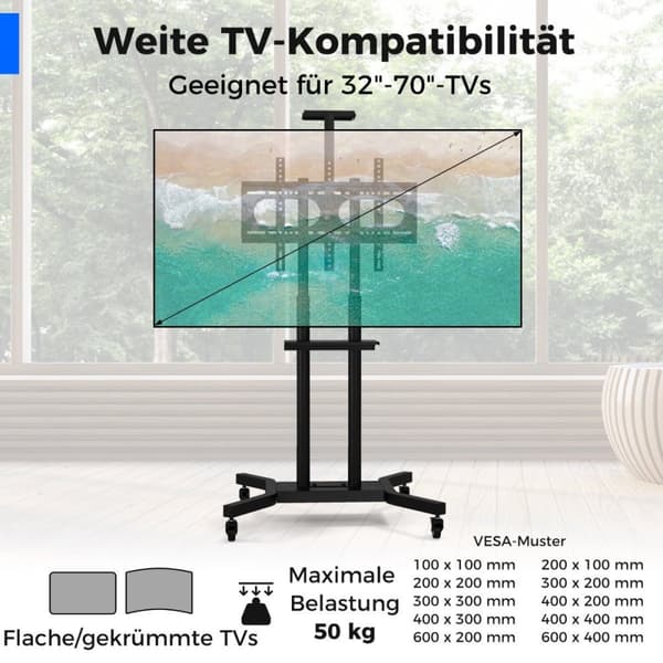 Mobilt TV-ställ för 32-70 tums TV upp till 50 kg Justerbar TV-vagn med kamerahylla