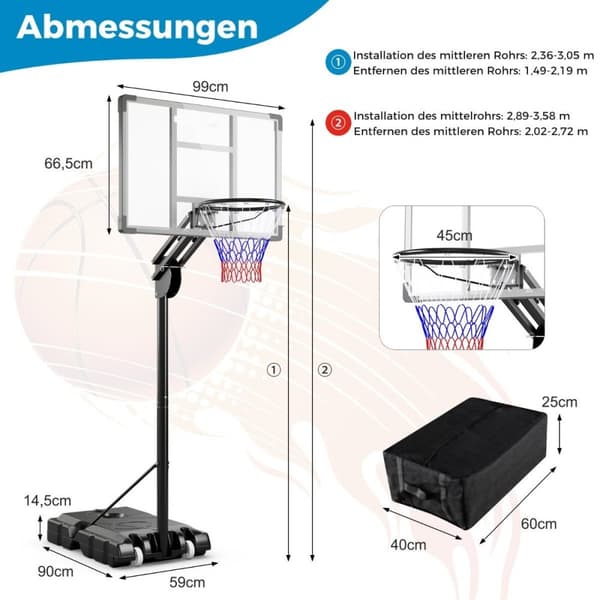 Basketkorg utomhus 135/143-305 cm höjdjusterbart basketstativ med 2 hjul
