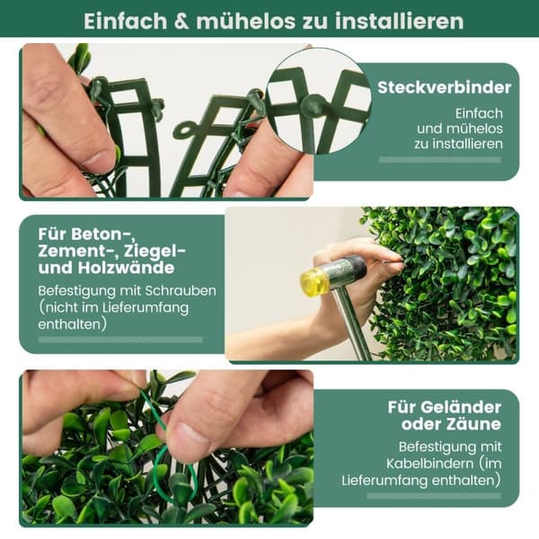 Pakke med 12 kunstig hæk plantevæg 50 x 50 cm paneler med buksbom blade grønne