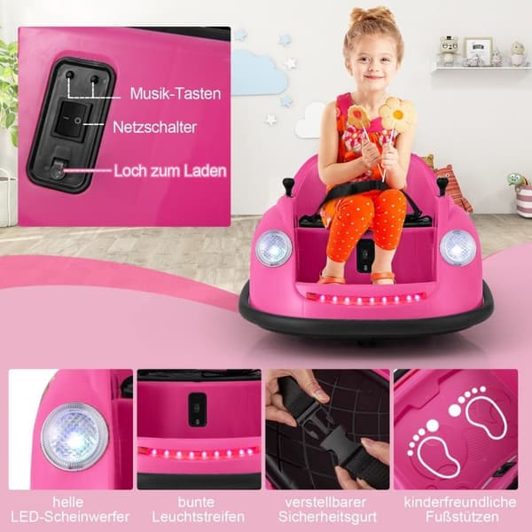 12V kofanger bil børns elektrisk kofanger bil med fjernbetjening &amp; LED-lys &amp; Musik Pink