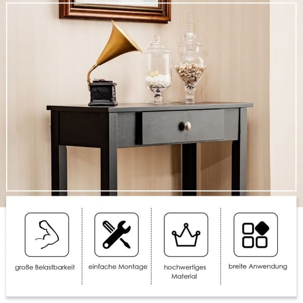 Konsolbord med skuffe, indgangsbord, smalt industrielt sidebord af træ 71 x 30 x 71 cm sort