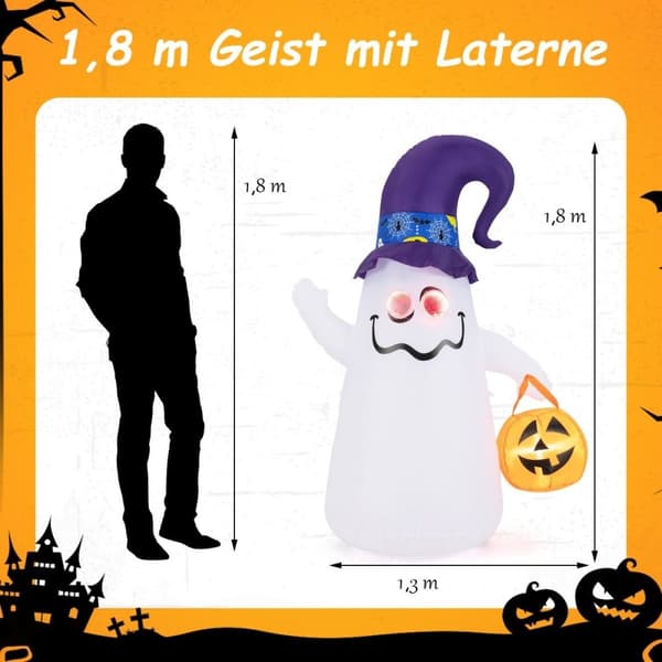 180 cm LED oppblåsbar Halloween-spøkelse med gresskar utendørs forferdelig dekorasjon Spøkelse Halloween-dekorasjon