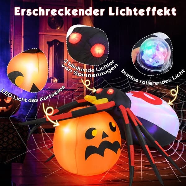 Oppblåsbar Halloween-edderkopp med gresskar og roterende LED-lys Skremmende edderkoppdekorasjon