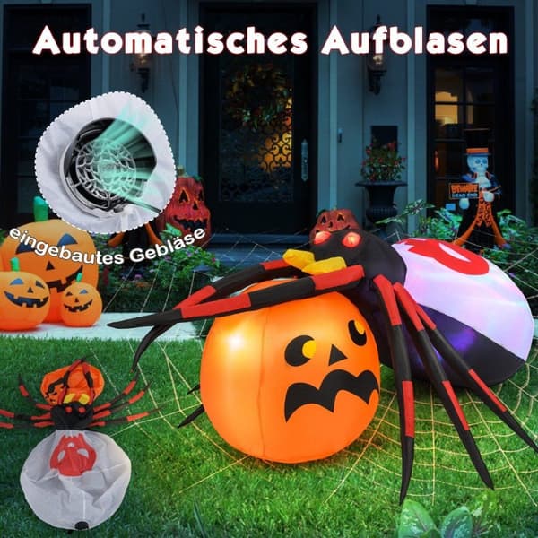 Oppblåsbar Halloween-edderkopp med gresskar og roterende LED-lys Skremmende edderkoppdekorasjon
