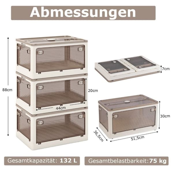 Sett med 3 oppbevaringsbokser med lokk på hjul. Sammenleggbare stablebokser tilgjengelig fra 5 sider
