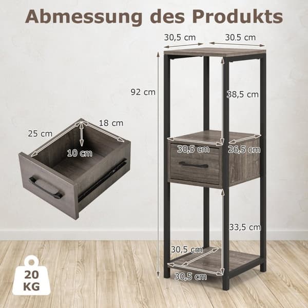 3-vånings växtställ i metall Blomstativ med låda 30,5 x 30,5 x 92 cm Grå (1 förpackning)
