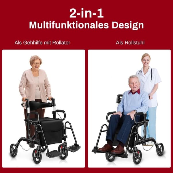 Rollator foldbar og let med sæde 2 i 1 kørestol & rejse rollator ganghjælp 6-vejs højdejusterbar