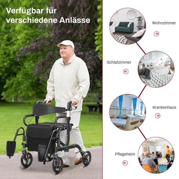 Rollator foldbar og let med sæde 2 i 1 kørestol & rejse rollator ganghjælp 6-vejs højdejusterbar