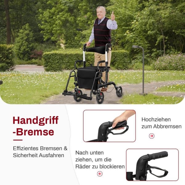 Rollator foldbar og let med sæde 2 i 1 kørestol & rejse rollator ganghjælp 6-vejs højdejusterbar