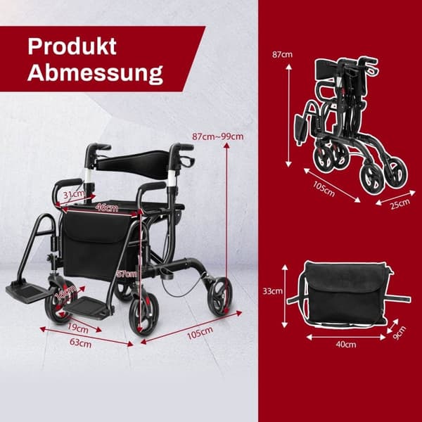 Rollator foldbar og let med sæde 2 i 1 kørestol & rejse rollator ganghjælp 6-vejs højdejusterbar