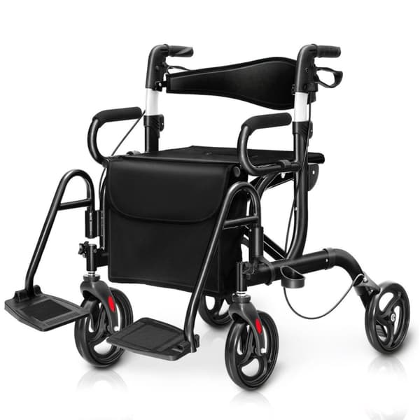 Rollator foldbar og let med sæde 2 i 1 kørestol & rejse rollator ganghjælp 6-vejs højdejusterbar