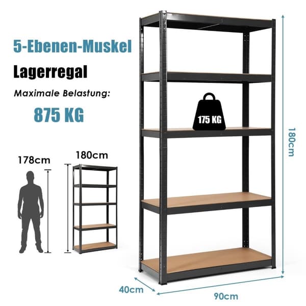 5-lags oppbevaringshylle, plassbesparende kraftig hylle, metallhylle, verkstedhylle, svart