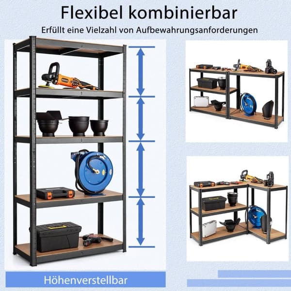 5 nivåer oppbevaringsstativ med metallramme, metallstativ, lastekapasitet opptil 650 kg, 75 x 30 x 150 cm, svart