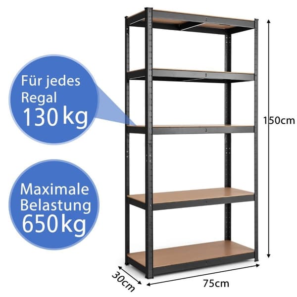 5 nivåer oppbevaringsstativ med metallramme, metallstativ, lastekapasitet opptil 650 kg, 75 x 30 x 150 cm, svart