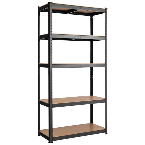 5 nivåer oppbevaringsstativ med metallramme, metallstativ, lastekapasitet opptil 650 kg, 75 x 30 x 150 cm, svart