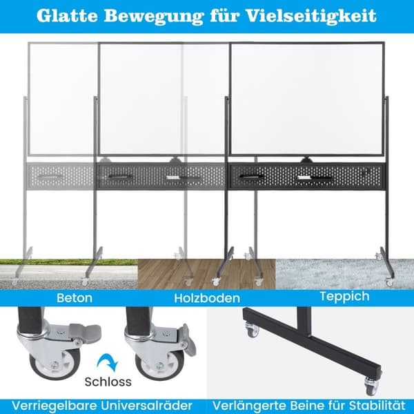 120 x 90 cm Dubbelsidig mobil whiteboardtavla med Pegboard & Roller & Svart stativ