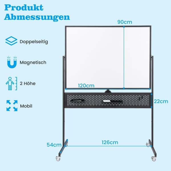 120 x 90 cm Dubbelsidig mobil whiteboardtavla med Pegboard &amp; Roller &amp; Svart stativ
