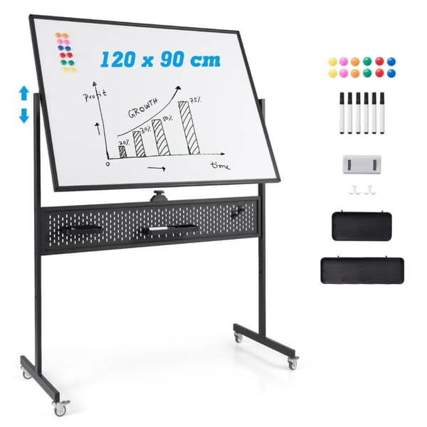 120 x 90 cm Dubbelsidig mobil whiteboardtavla med Pegboard & Roller & Svart stativ