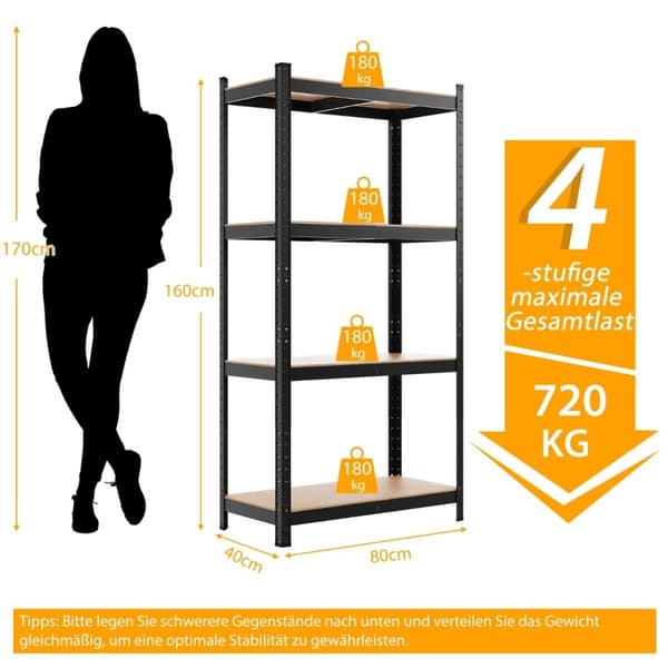 4-lags oppbevaringsstativ med metallramme, kraftig stativ, kan holde opptil 720 kg, metallstativ, svart