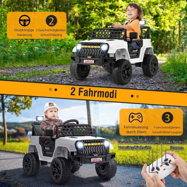 Barnebil med 12 V batteri oppladbar elbil med fjernkontroll hvit