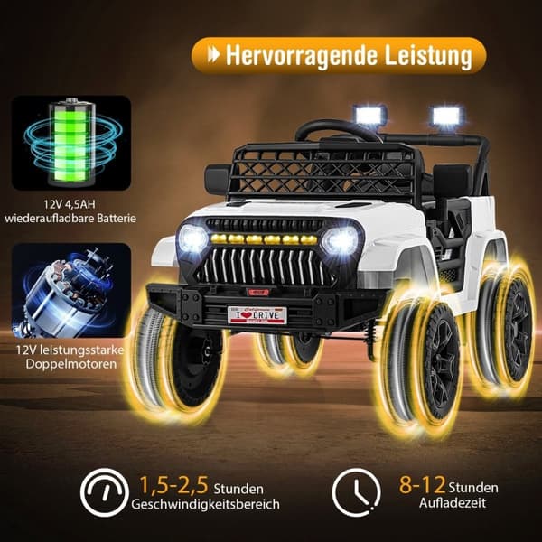 Barnebil med 12 V batteri oppladbar elbil med fjernkontroll hvit